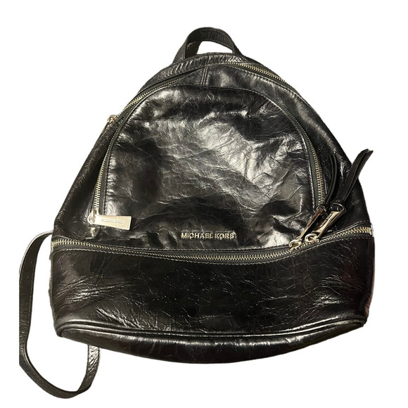 MICHAEL KORS Rhea Medium Crinkled Calf Leather Backpack‎ Black Bag - Picture 1 of 8